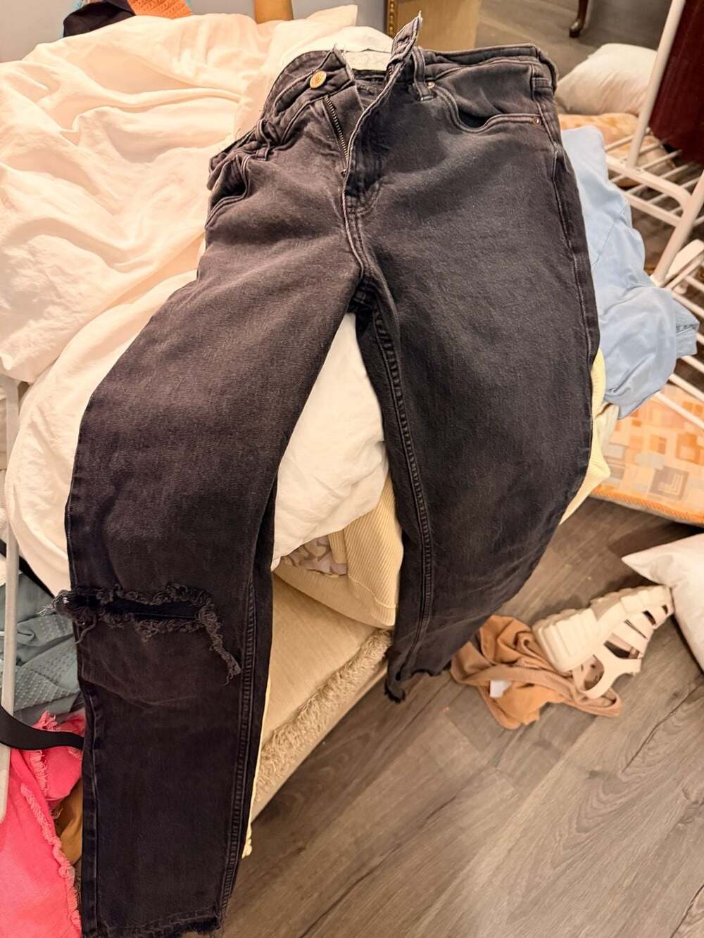 Free People Black Distressed Straight Leg Jeans